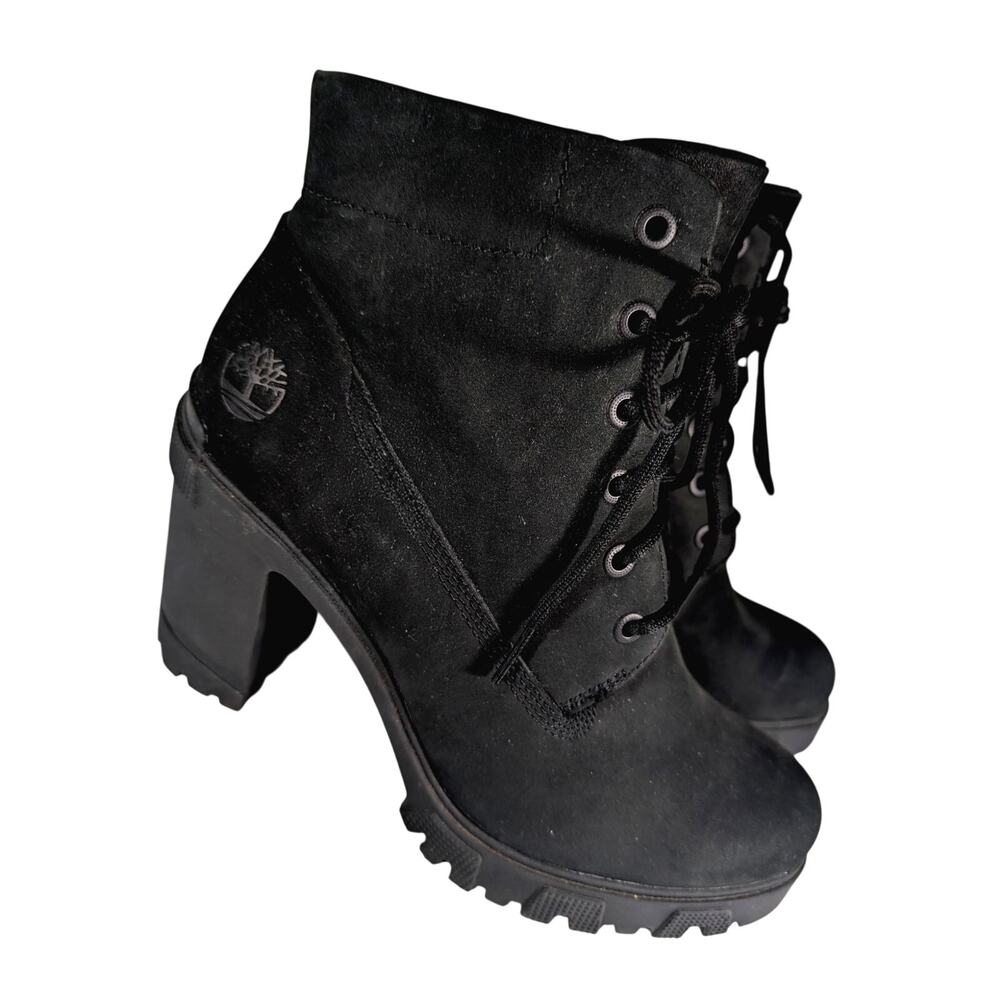 NWOT-1 SHOW! TIMBERLAND! BLACK GENUINE LEATHER NUBUCK FINISH HEEL BOOTS! 9.5M